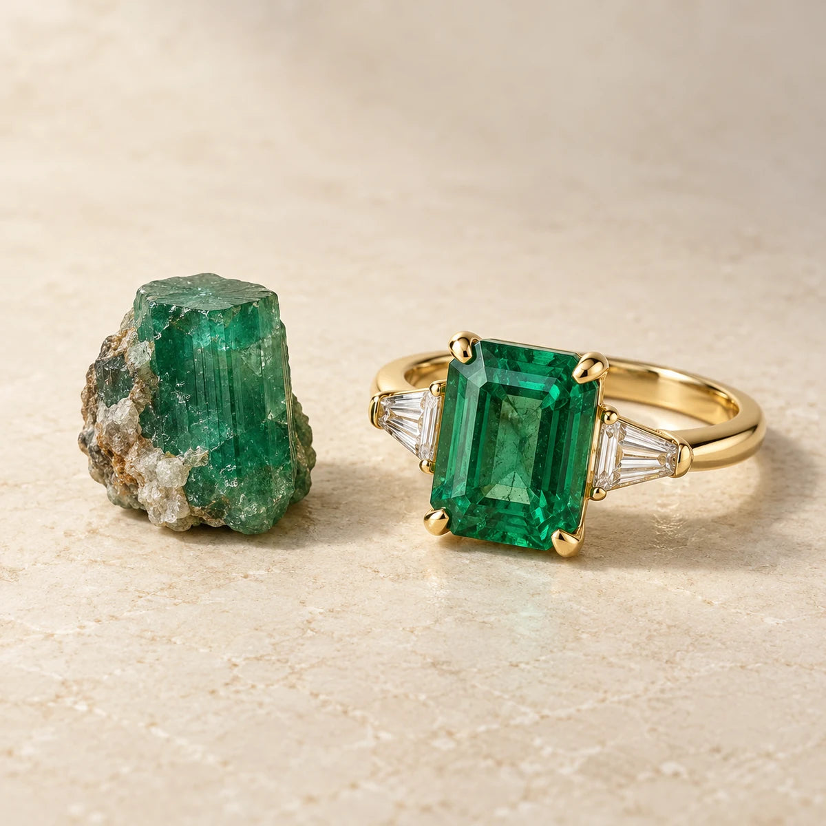 AI-created Emerald design inspiration: a rough specimen beside a Emerald-cut ring in one scene