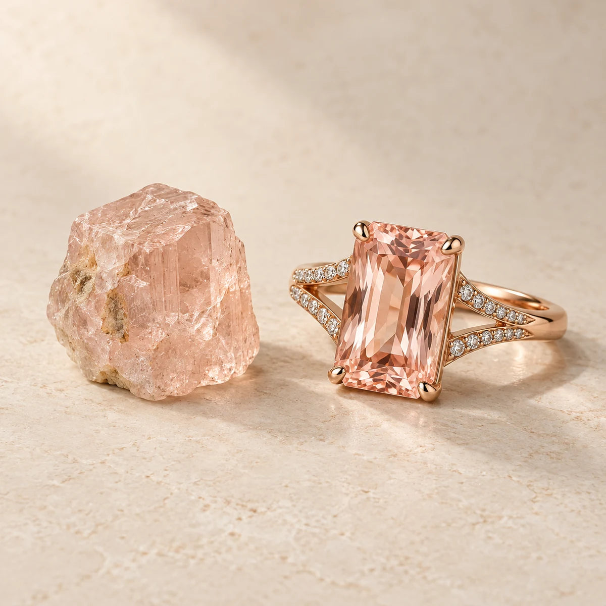 AI-created Morganite design inspiration: a rough specimen beside a Radiant split-shank ring in one scene