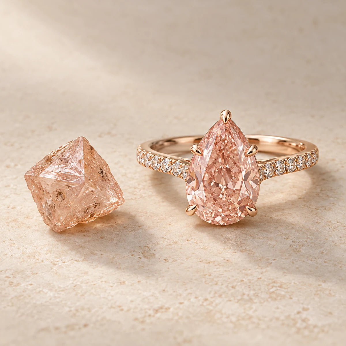 AI-created Peach Pink Diamond design inspiration: a rough specimen beside a Pear ring in one scene