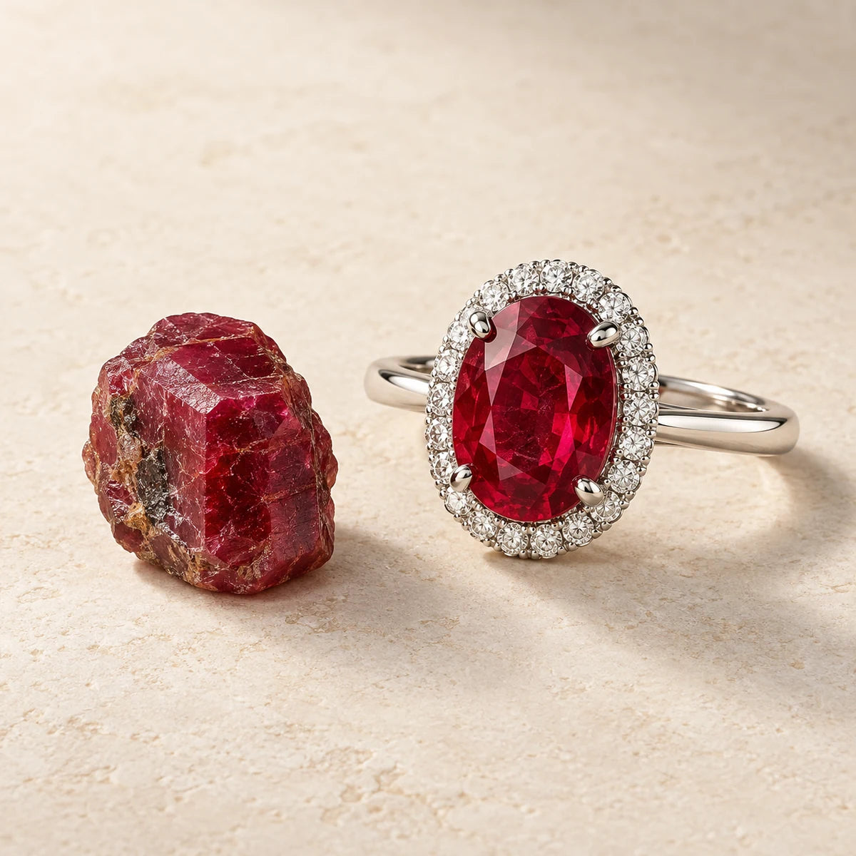 AI-created Ruby design inspiration: a rough specimen beside a Oval halo ring in one scene