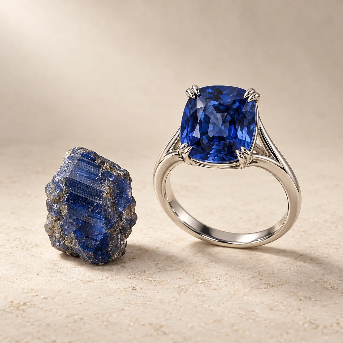 AI-created Blue Sapphire design inspiration: a rough specimen beside a Cushion solitaire ring in one scene