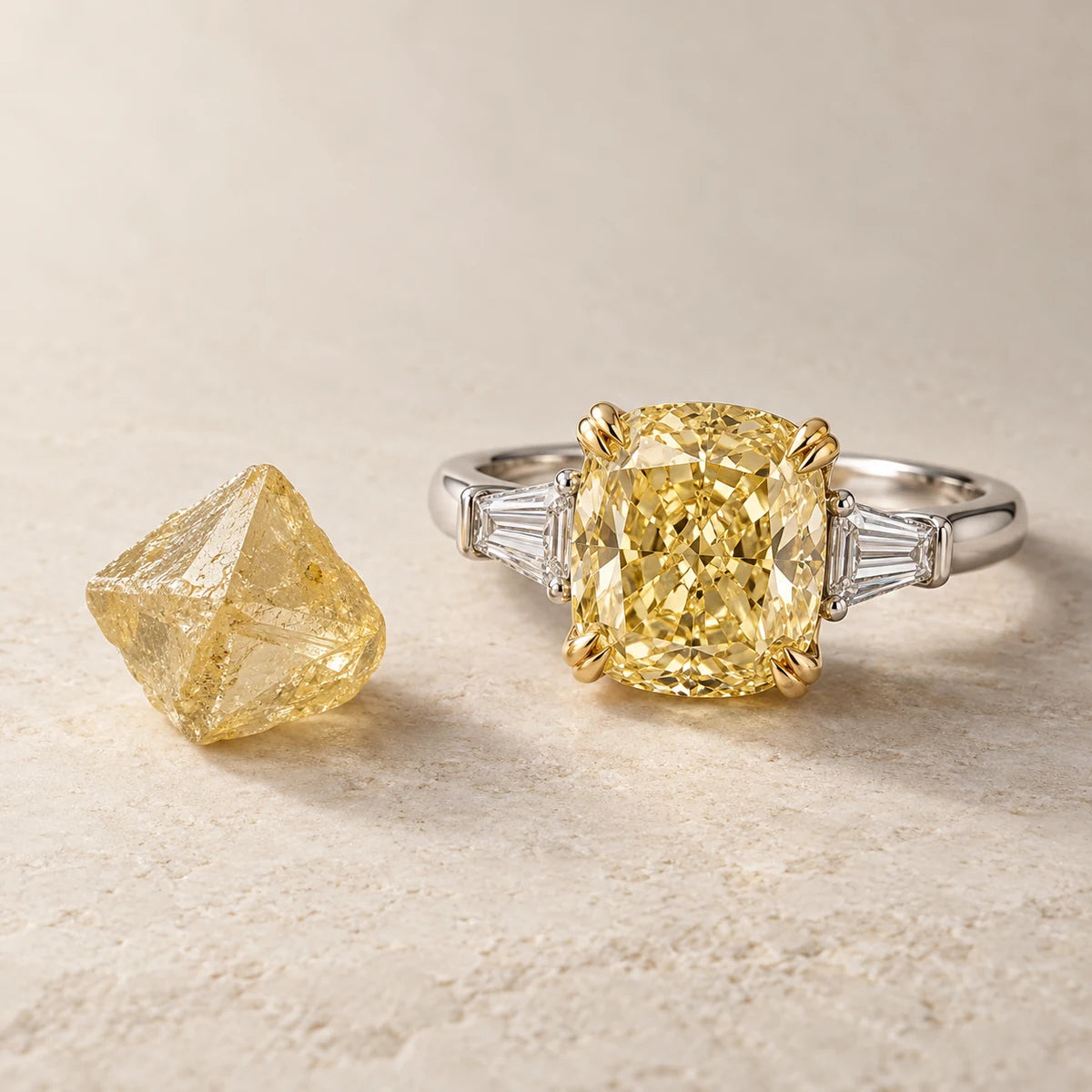 AI-created Yellow Diamond design inspiration: a rough specimen beside a Cushion ring in one scene
