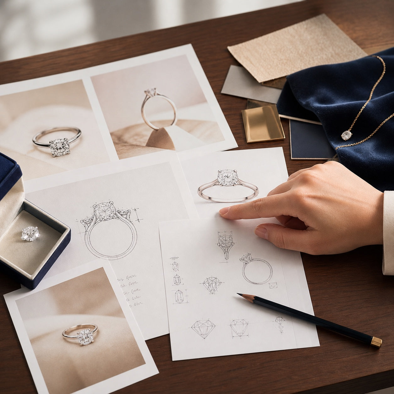 Engagement ring inspiration photographs, sketches and diamond references
