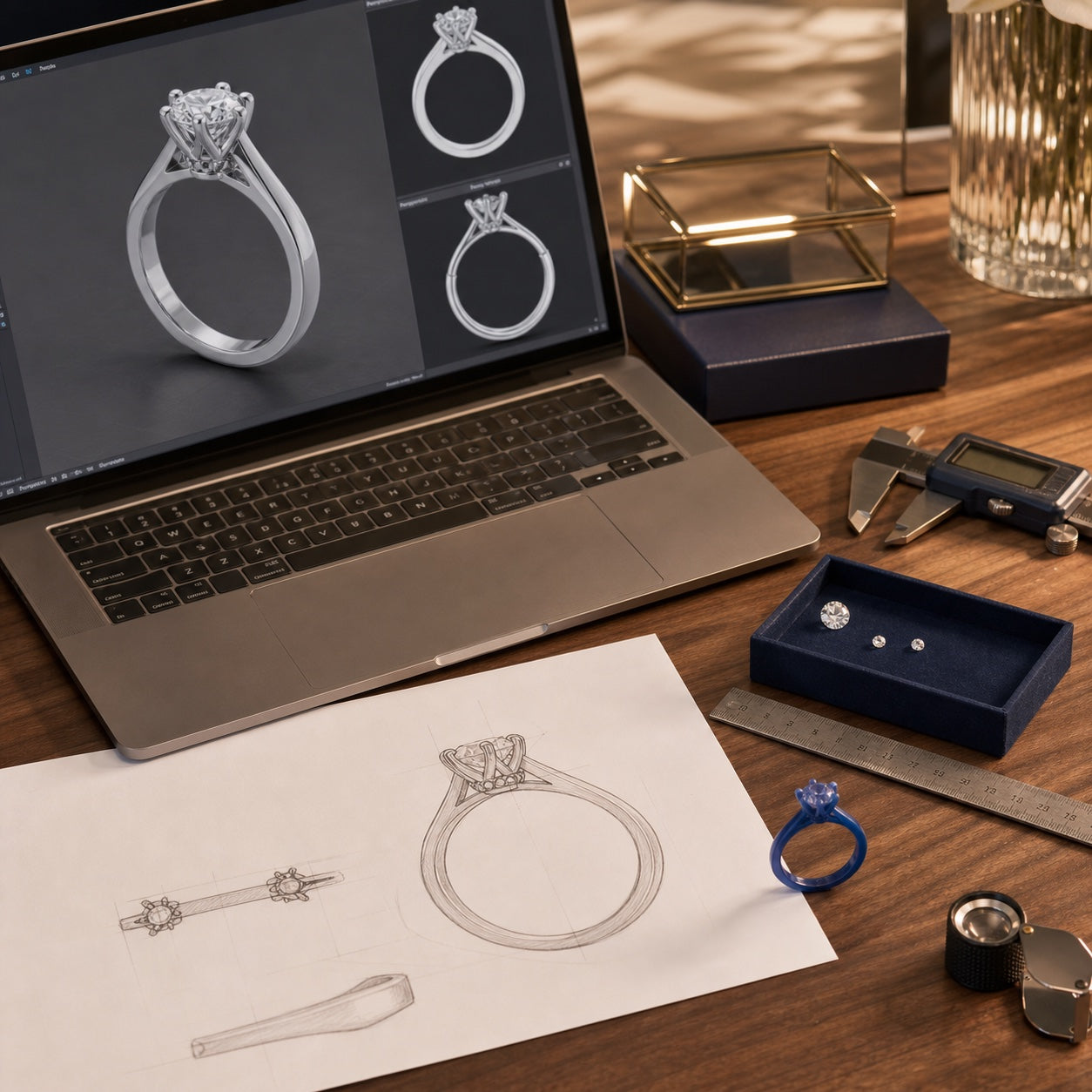 Professional engagement ring CAD design, technical drawing and measuring tools