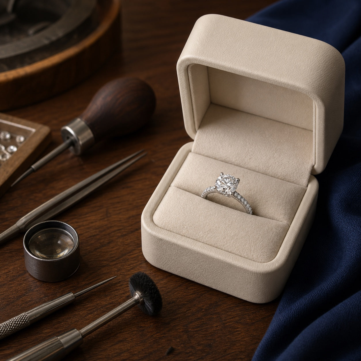Completed bespoke engagement ring presented in a cream ring box