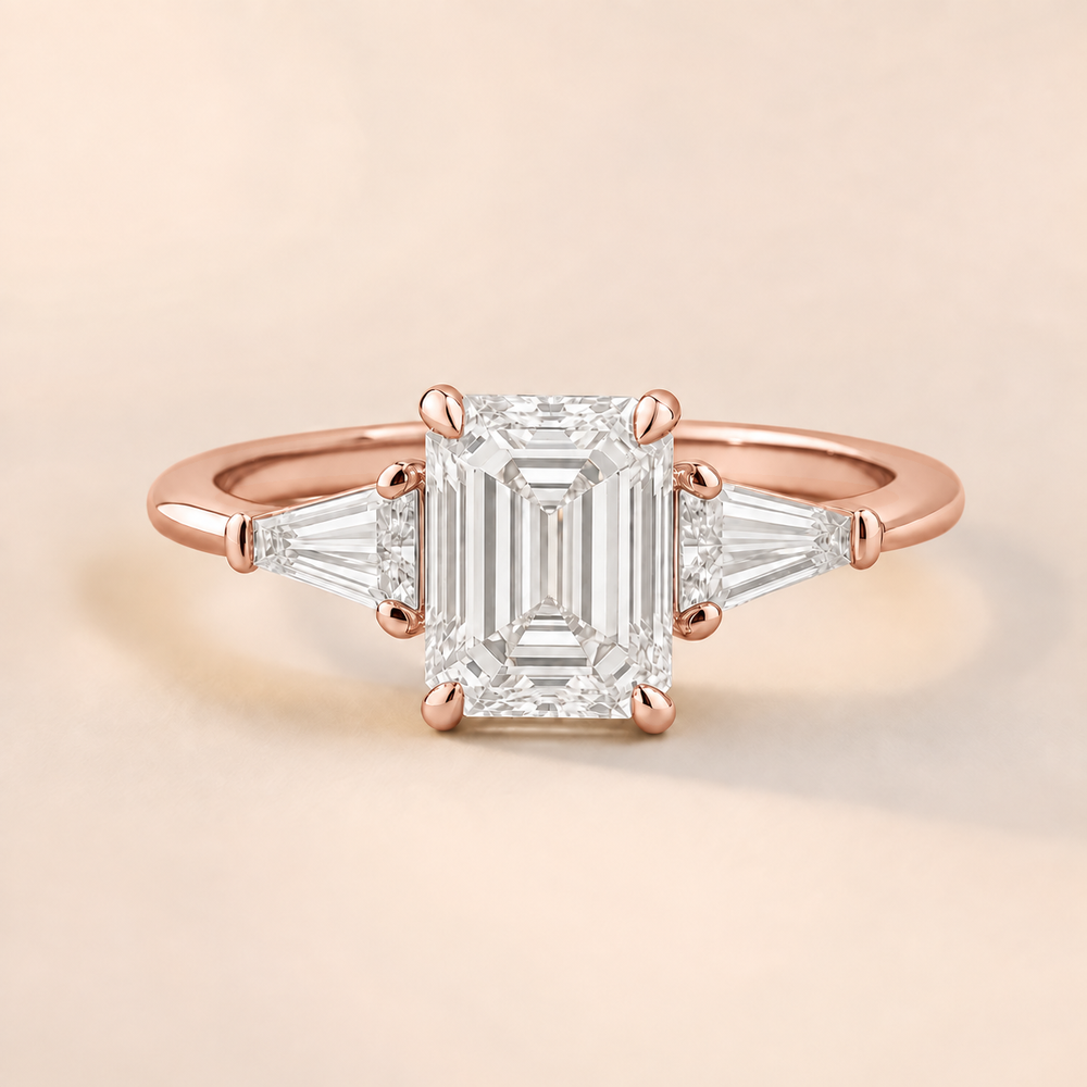 Emerald Three-Stone Plain Band in Rose Gold, front view